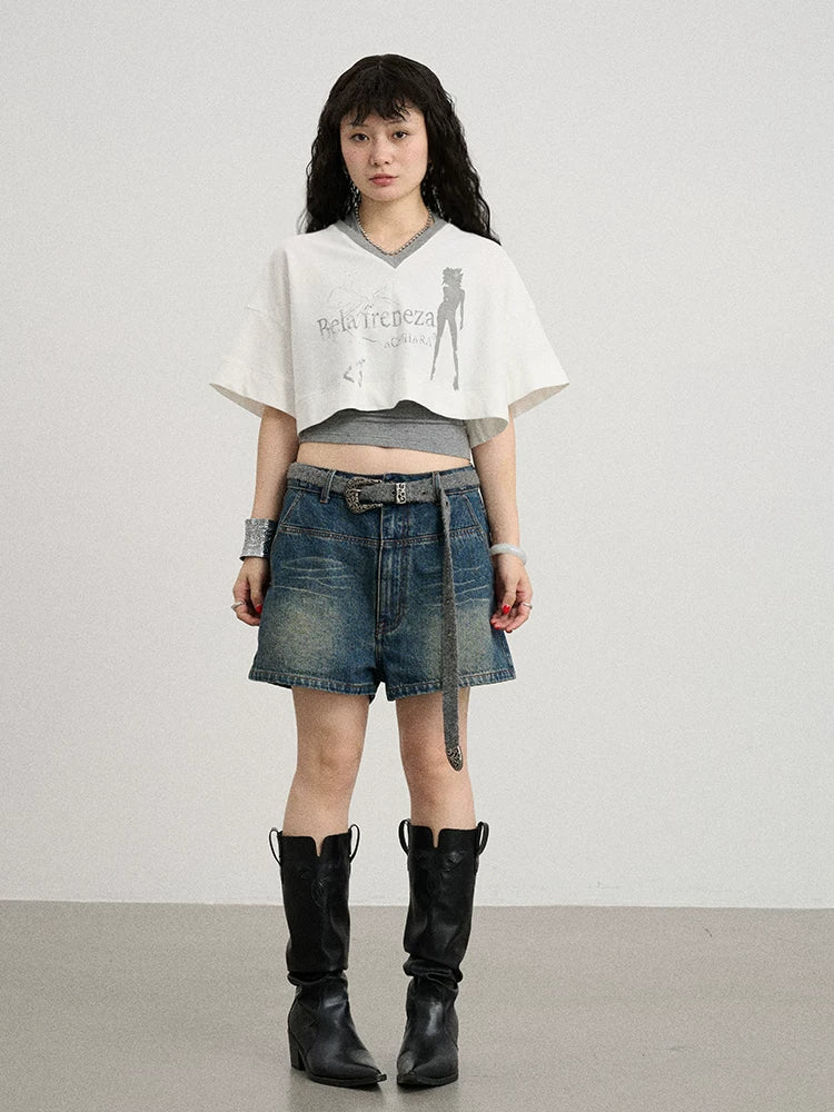 Achihara Soft Cotton Spandex Cropped V Neck Short Sleeve Women Office Black White T-Shirt-3