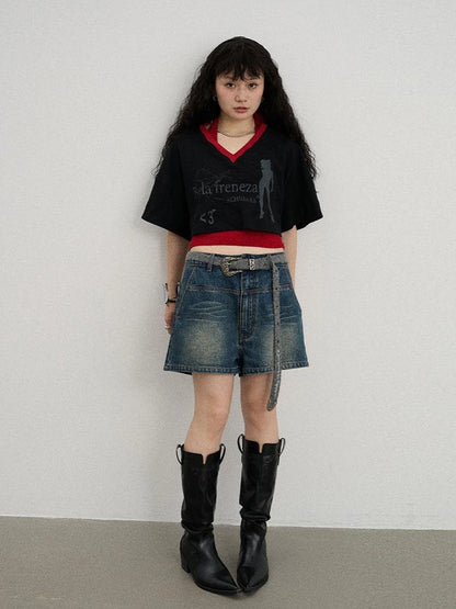 Achihara Soft Cotton Spandex Cropped V Neck Short Sleeve Women Office Black White T-Shirt