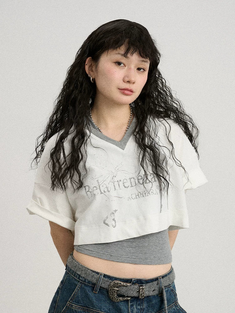 Achihara Soft Cotton Spandex Cropped V Neck Short Sleeve Women Office Black White T-Shirt-5