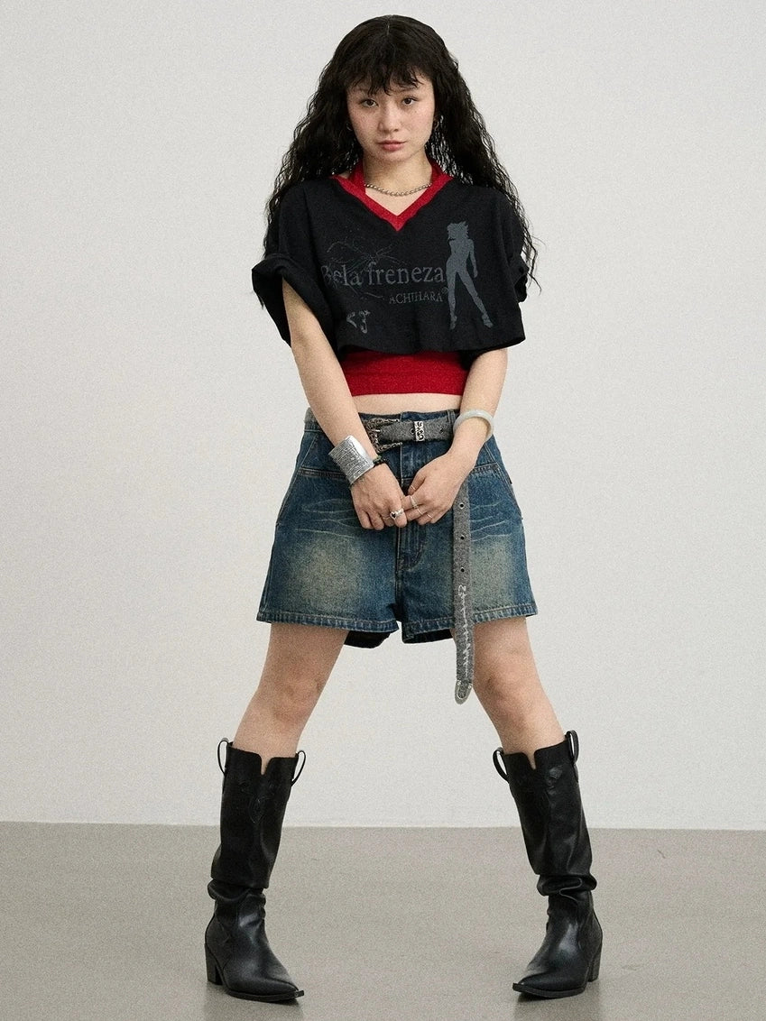 Achihara Soft Cotton Spandex Cropped V Neck Short Sleeve Women Office Black White T-Shirt