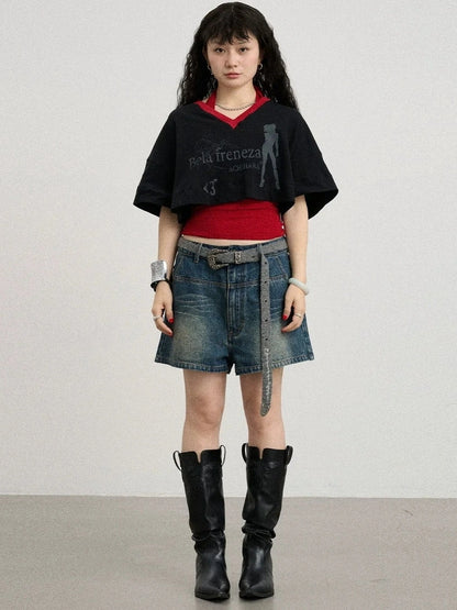 Achihara Soft Cotton Spandex Cropped V Neck Short Sleeve Women Office Black White T-Shirt