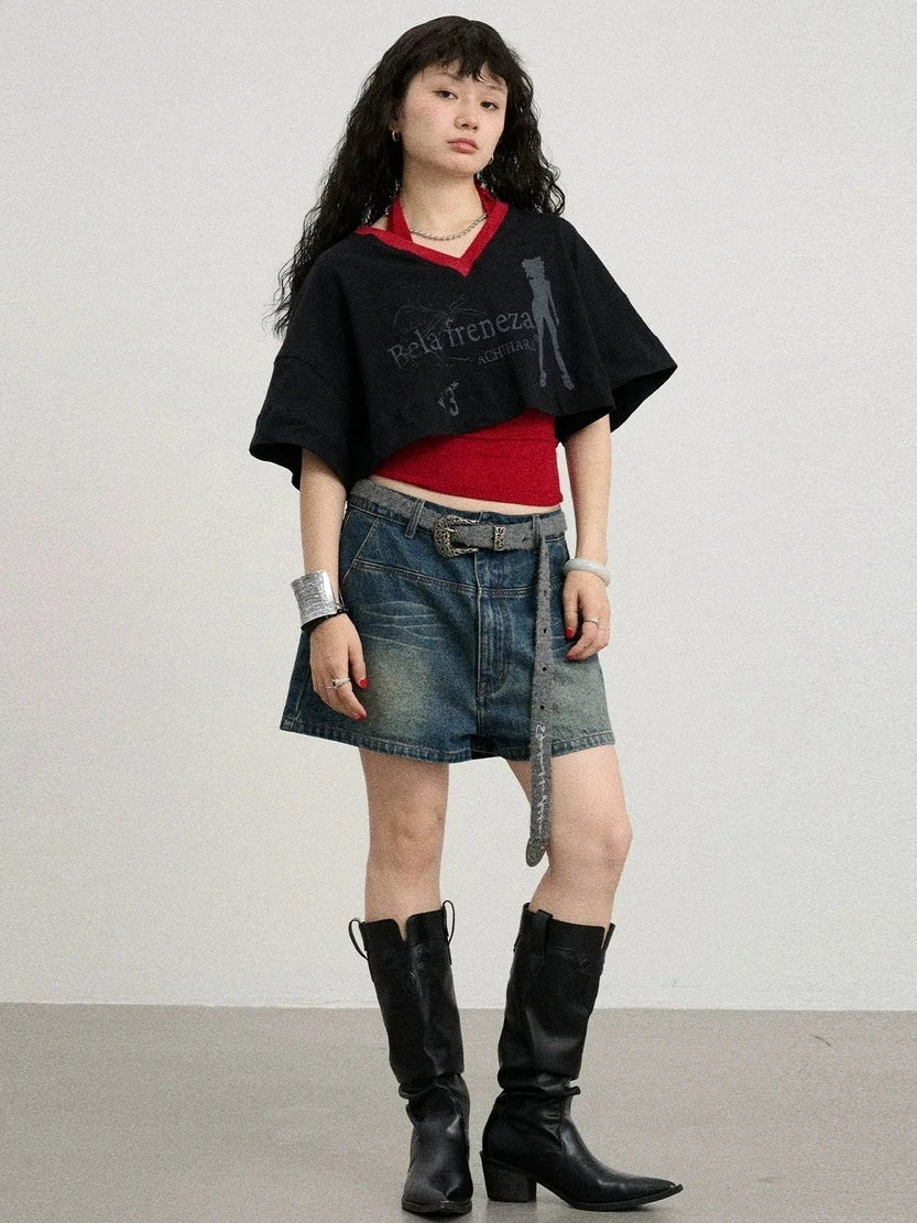 Achihara Soft Cotton Spandex Cropped V Neck Short Sleeve Women Office Black White T-Shirt