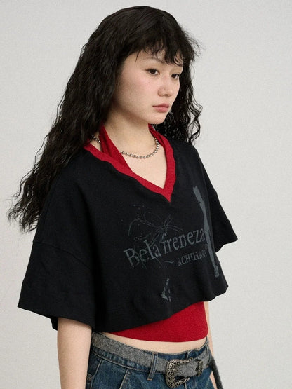 Achihara Soft Cotton Spandex Cropped V Neck Short Sleeve Women Office Black White T-Shirt