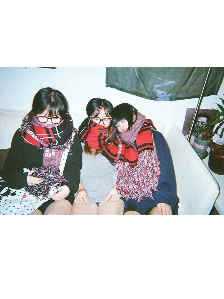 Achihara Soft Cozy Acrylic Korean Style Rectangular Unisex Red Black Plaid Scarf-1
