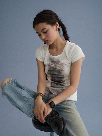 Achihara Soft Stretch Cotton Straight Fit Women Character White Short Sleeve T-Shirts
