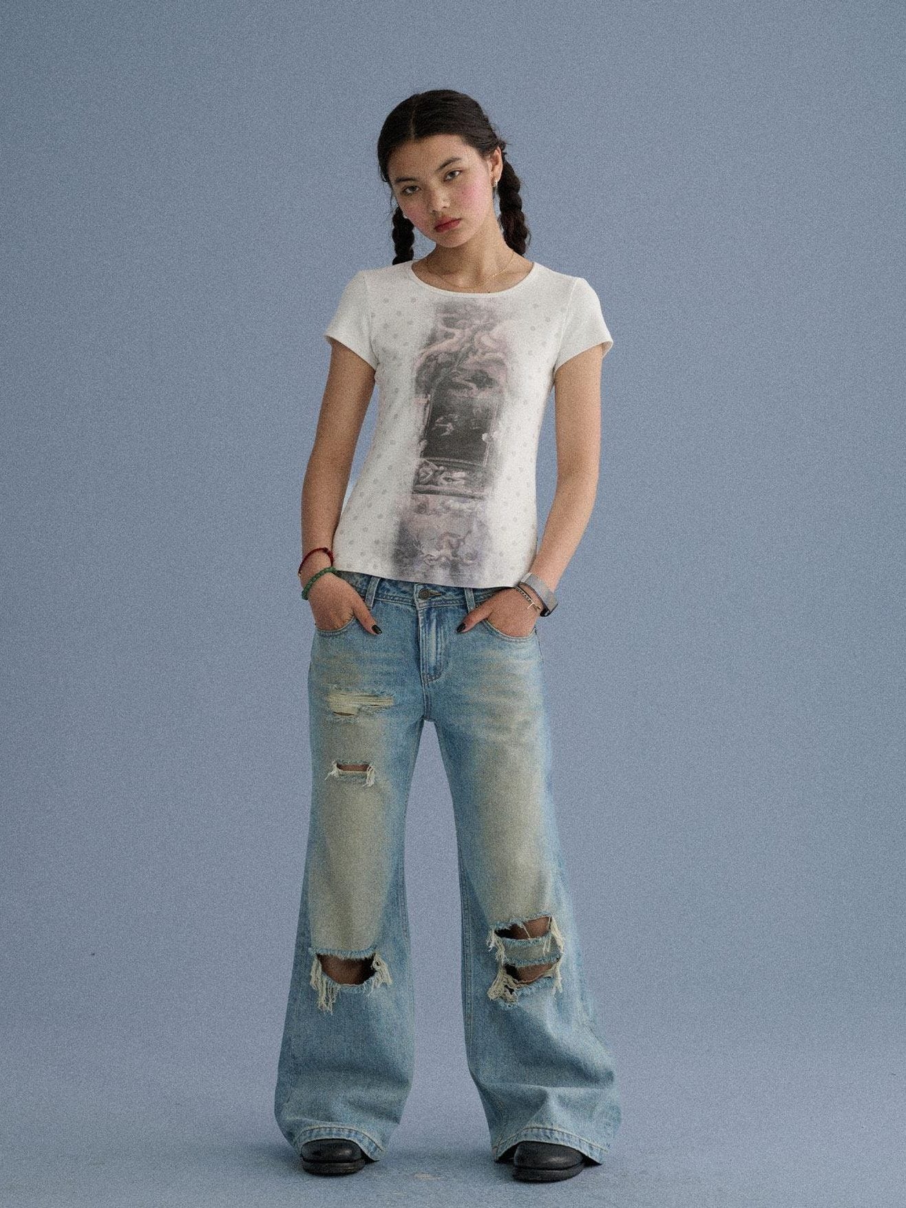Achihara Soft Stretch Cotton Straight Fit Women Character White Short Sleeve T-Shirts