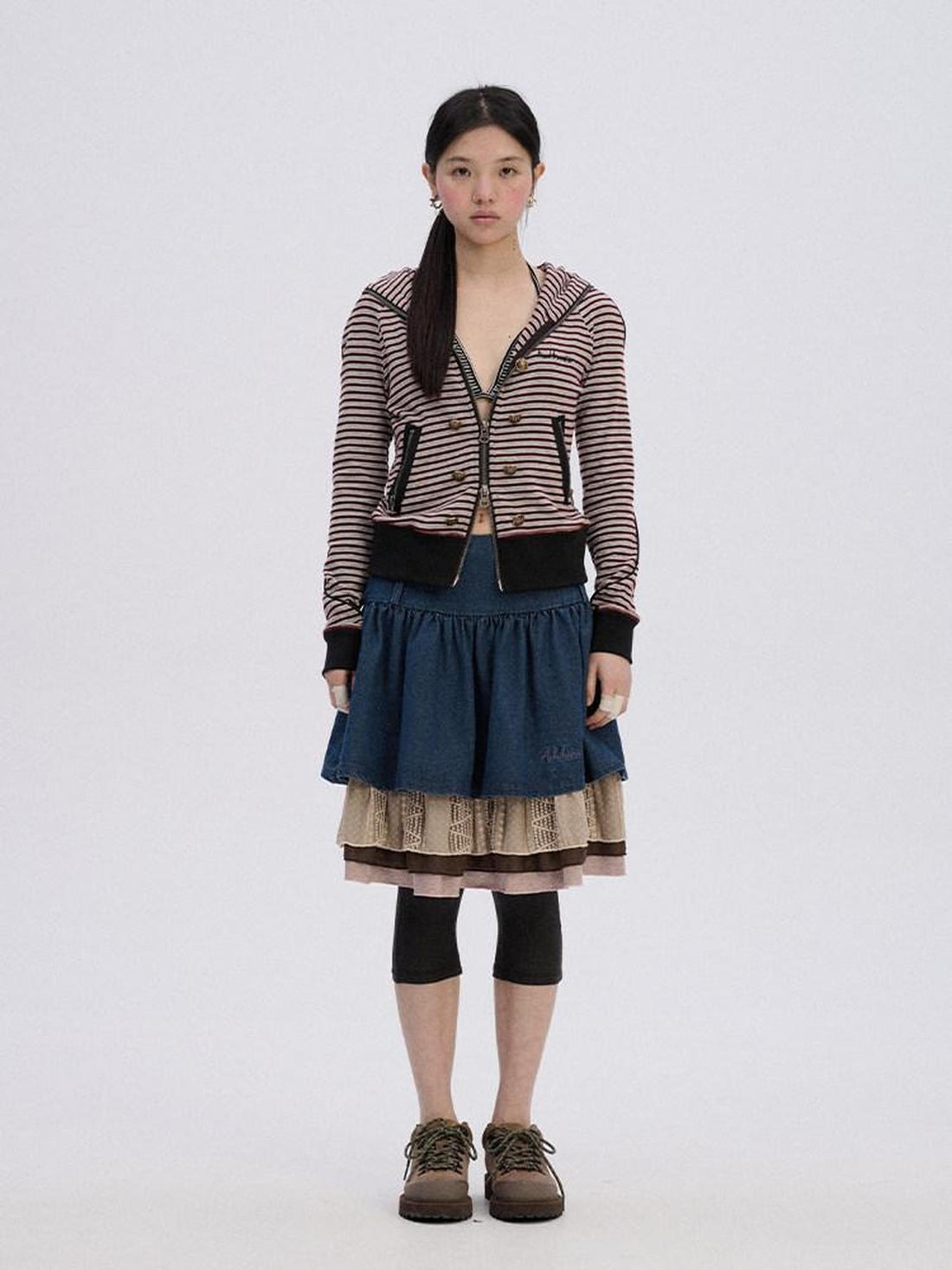 Achihara Soft Stretch Cotton Striped Cropped Hooded Zip Up Straight Fit Women Hoodies