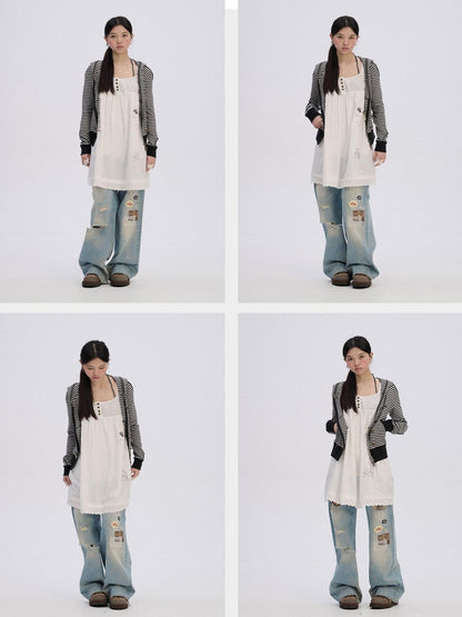 Achihara Soft Stretch Cotton Striped Cropped Hooded Zip Up Straight Fit Women Hoodies