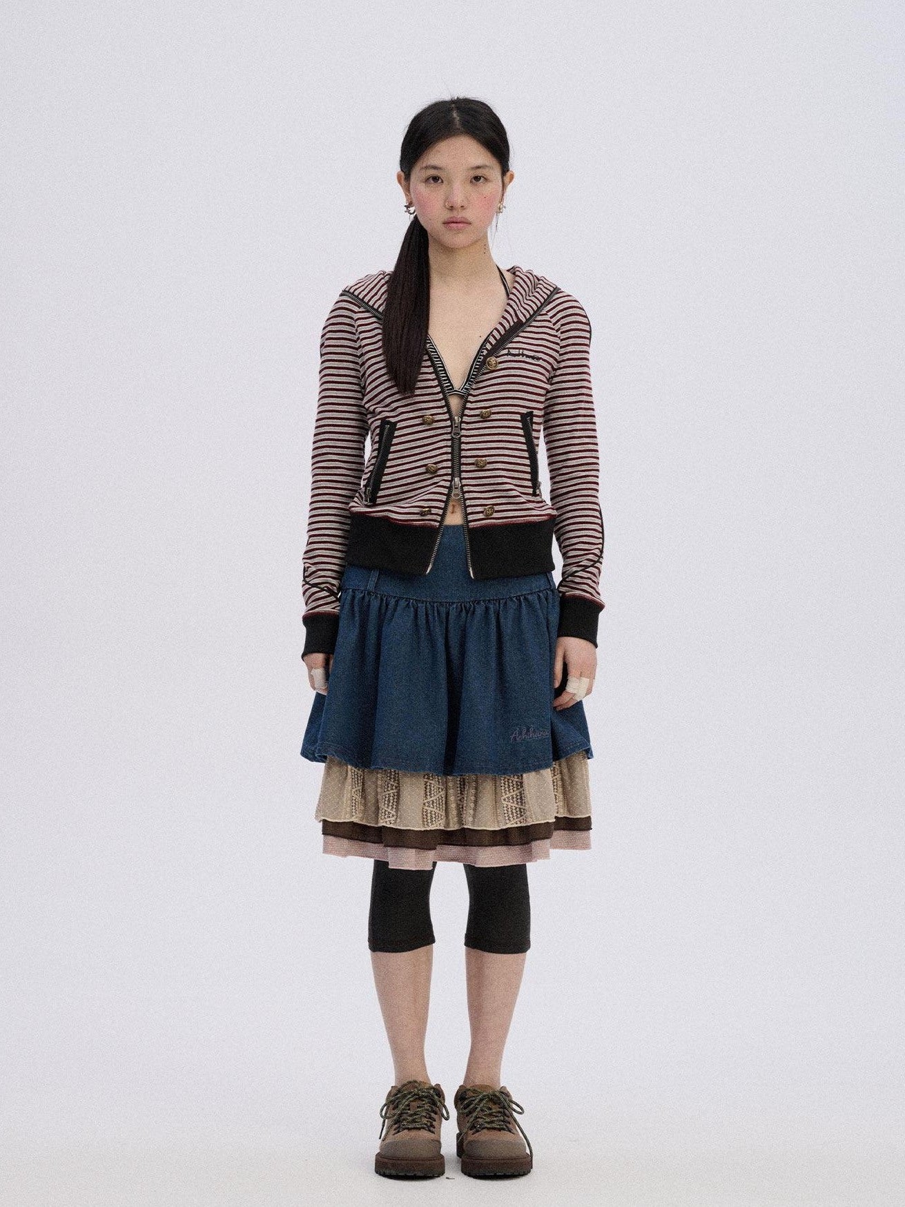 Achihara Soft Stretch Cotton Striped Cropped Hooded Zip Up Straight Fit Women Hoodies