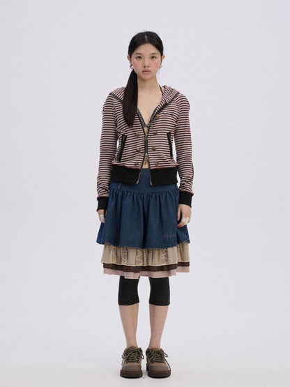 Achihara Soft Stretch Cotton Striped Cropped Hooded Zip Up Straight Fit Women Hoodies