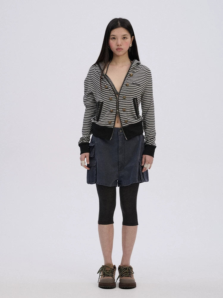 Achihara Soft Stretch Cotton Striped Cropped Hooded Zip Up Straight Fit Women Hoodies-1