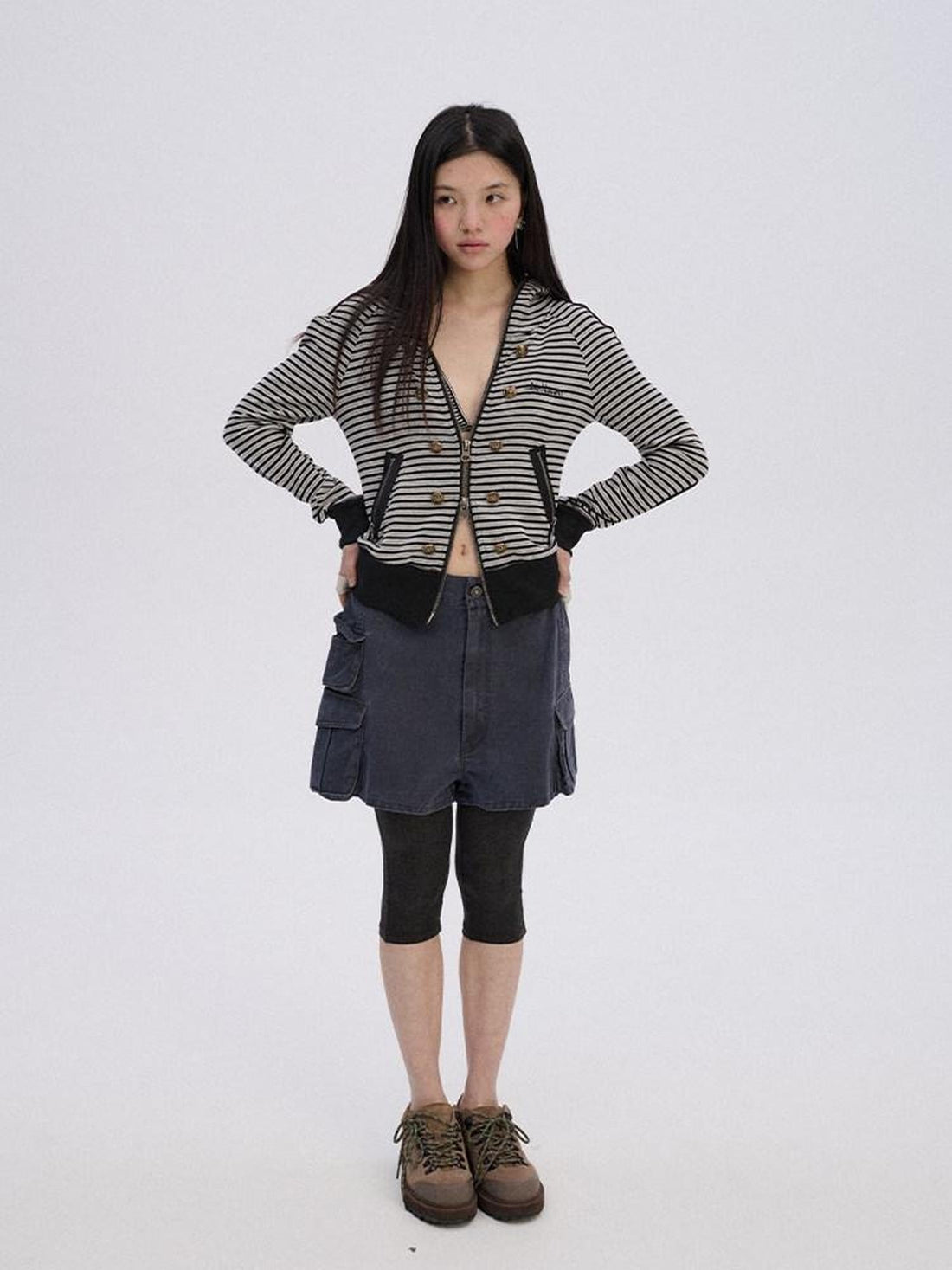Achihara Soft Stretch Cotton Striped Cropped Hooded Zip Up Straight Fit Women Hoodies