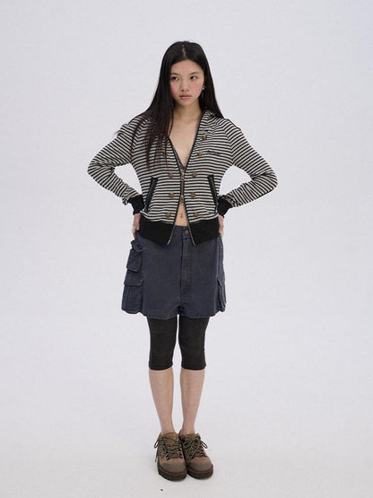 Achihara Soft Stretch Cotton Striped Cropped Hooded Zip Up Straight Fit Women Hoodies