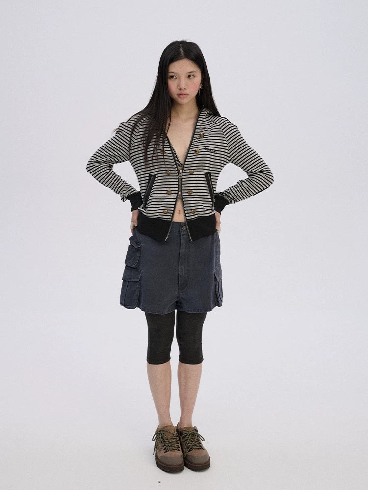 Achihara Soft Stretch Cotton Striped Cropped Hooded Zip Up Straight Fit Women Hoodies-3
