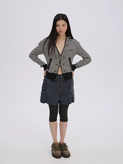 Achihara Soft Stretch Cotton Striped Cropped Hooded Zip Up Straight Fit Women Hoodies-3