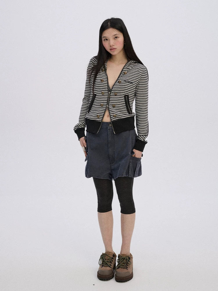 Achihara Soft Stretch Cotton Striped Cropped Hooded Zip Up Straight Fit Women Hoodies-4