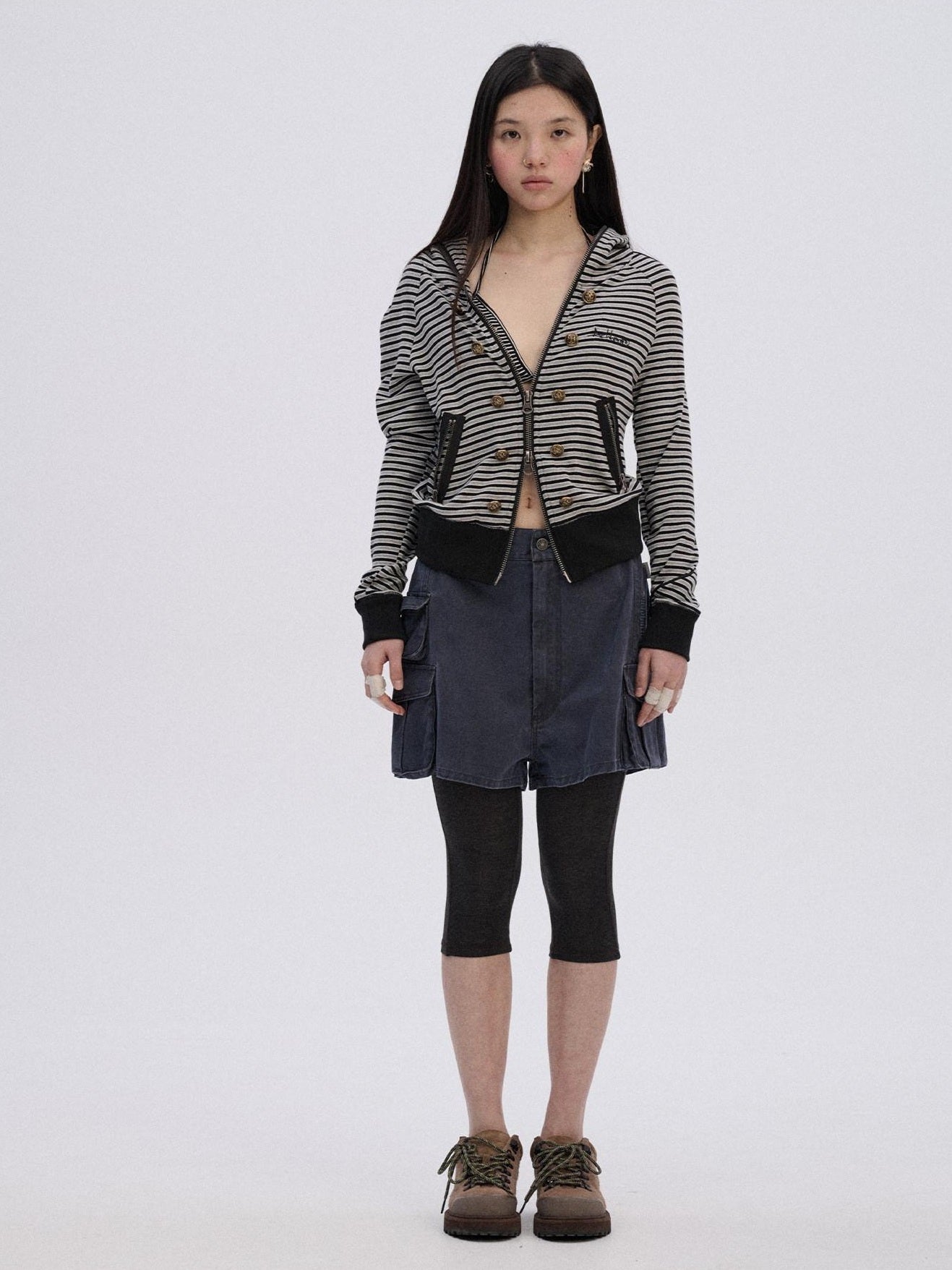 Achihara Soft Stretch Cotton Striped Cropped Hooded Zip Up Straight Fit Women Hoodies