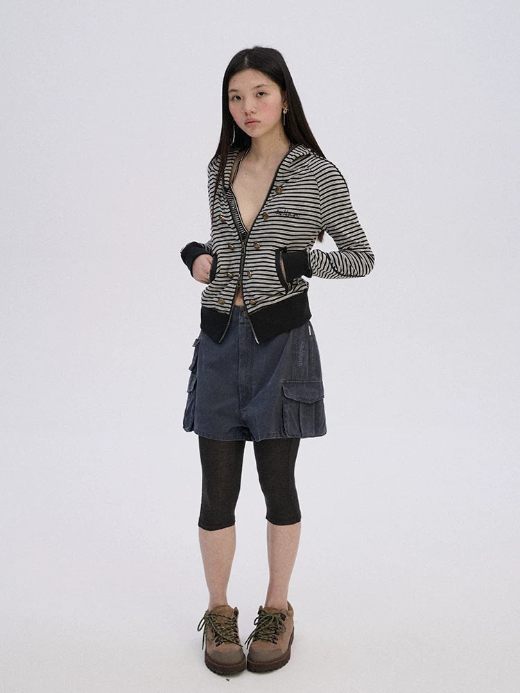 Achihara Soft Stretch Cotton Striped Cropped Hooded Zip Up Straight Fit Women Hoodies-5