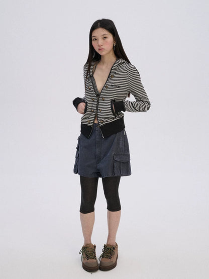 Achihara Soft Stretch Cotton Striped Cropped Hooded Zip Up Straight Fit Women Hoodies-5