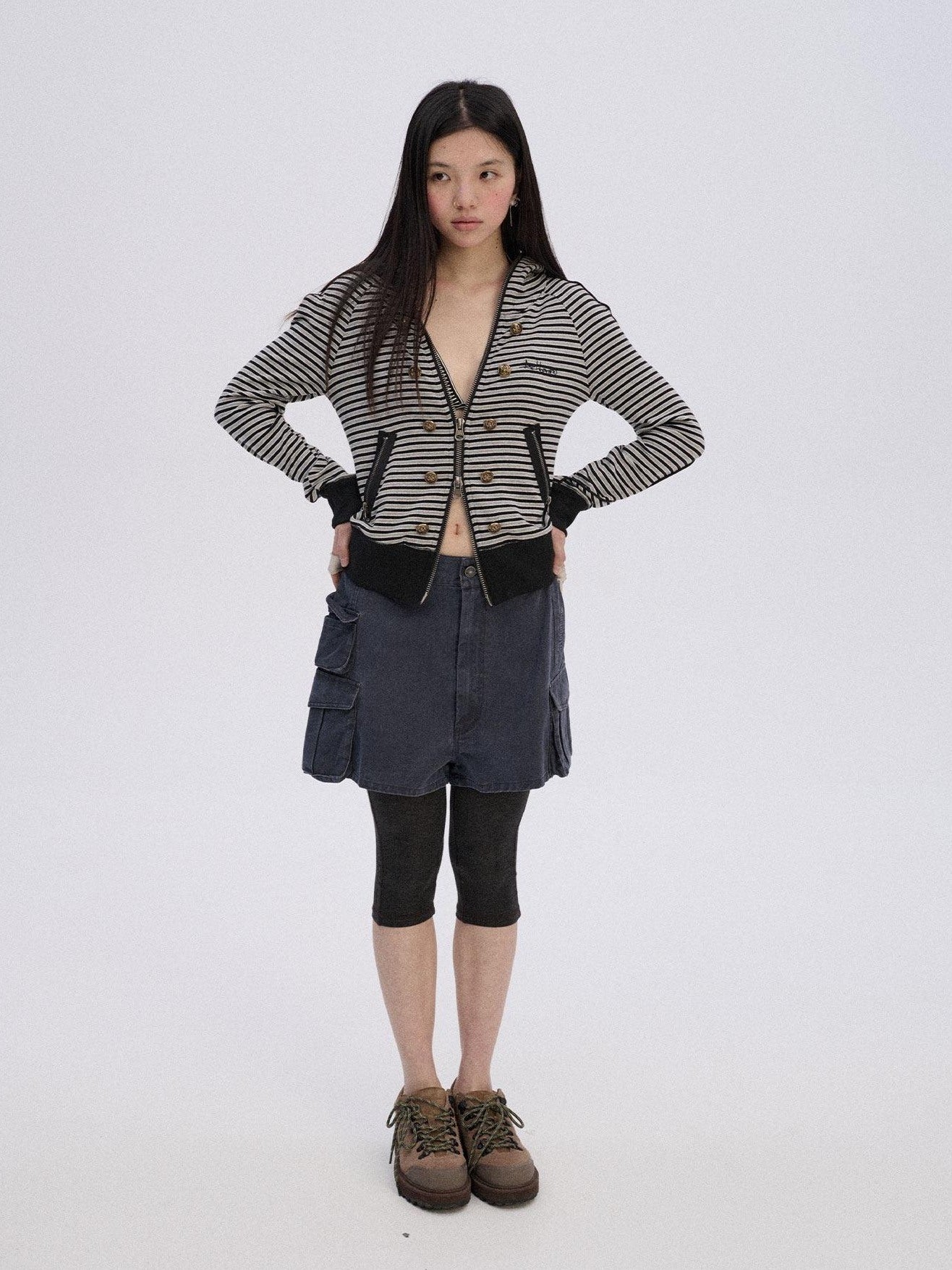 Achihara Soft Stretch Cotton Striped Cropped Hooded Zip Up Straight Fit Women Hoodies