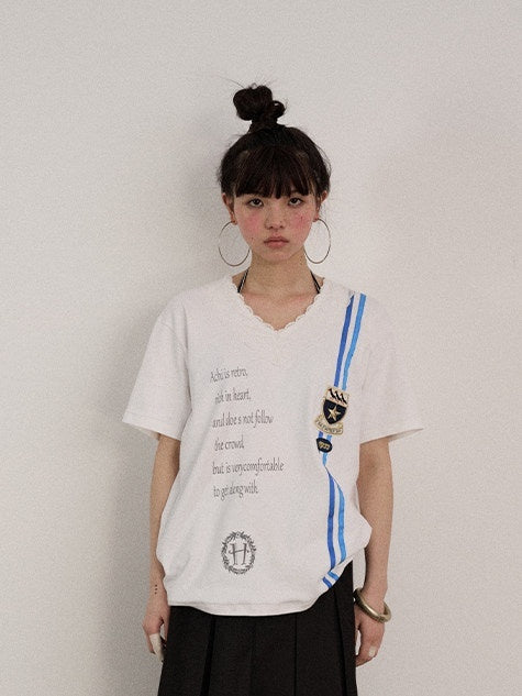 Achihara Soft Stretch Cotton V-neck Letter Print Loose Fit Office Short Sleeve T-Shirts