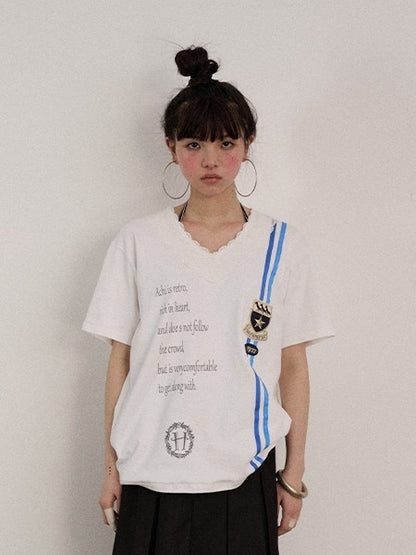 Achihara Soft Stretch Cotton V-neck Letter Print Loose Fit Office Short Sleeve T-Shirts