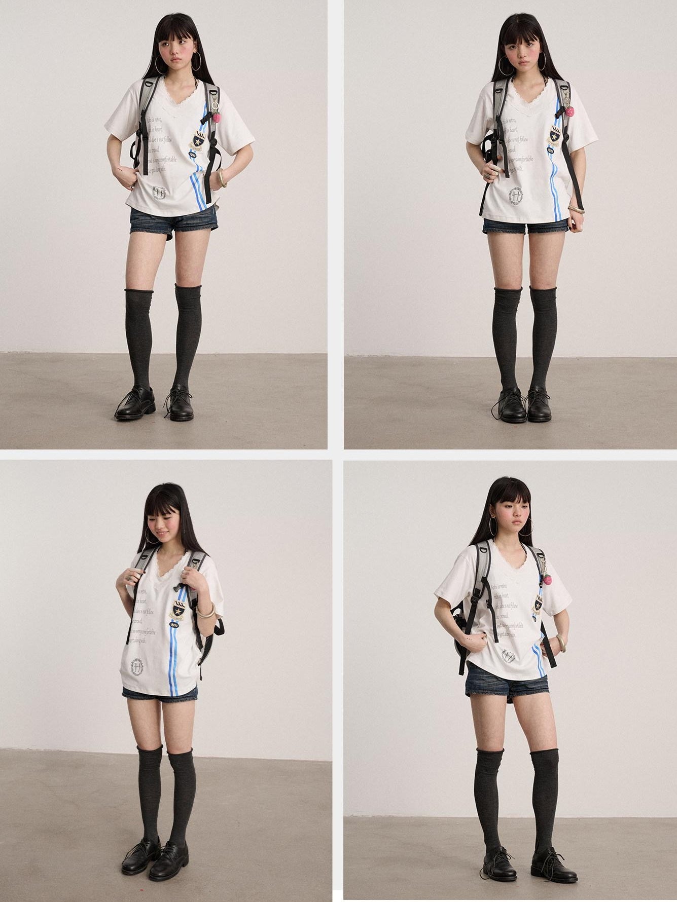Achihara Soft Stretch Cotton V-neck Letter Print Loose Fit Office Short Sleeve T-Shirts