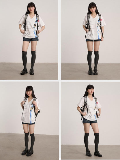 Achihara Soft Stretch Cotton V-neck Letter Print Loose Fit Office Short Sleeve T-Shirts