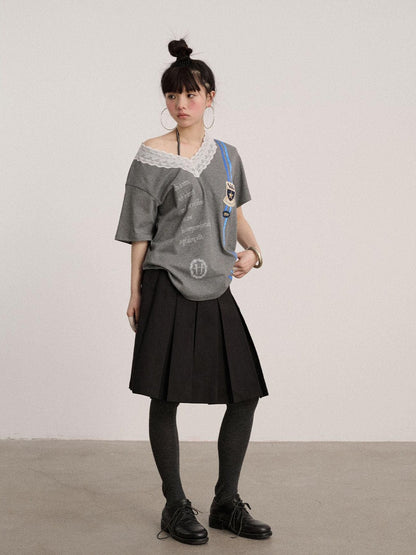 Achihara Soft Stretch Cotton V-neck Letter Print Loose Fit Office Short Sleeve T-Shirts