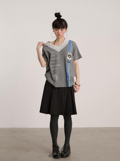 Achihara Soft Stretch Cotton V-neck Letter Print Loose Fit Office Short Sleeve T-Shirts
