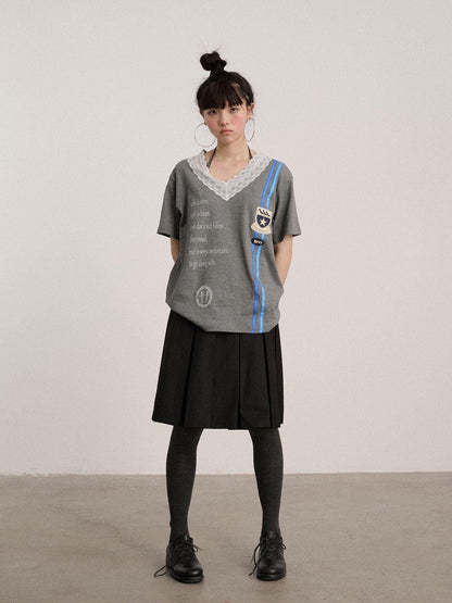 Achihara Soft Stretch Cotton V-neck Letter Print Loose Fit Office Short Sleeve T-Shirts
