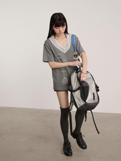 Achihara Soft Stretch Cotton V-neck Letter Print Loose Fit Office Short Sleeve T-Shirts