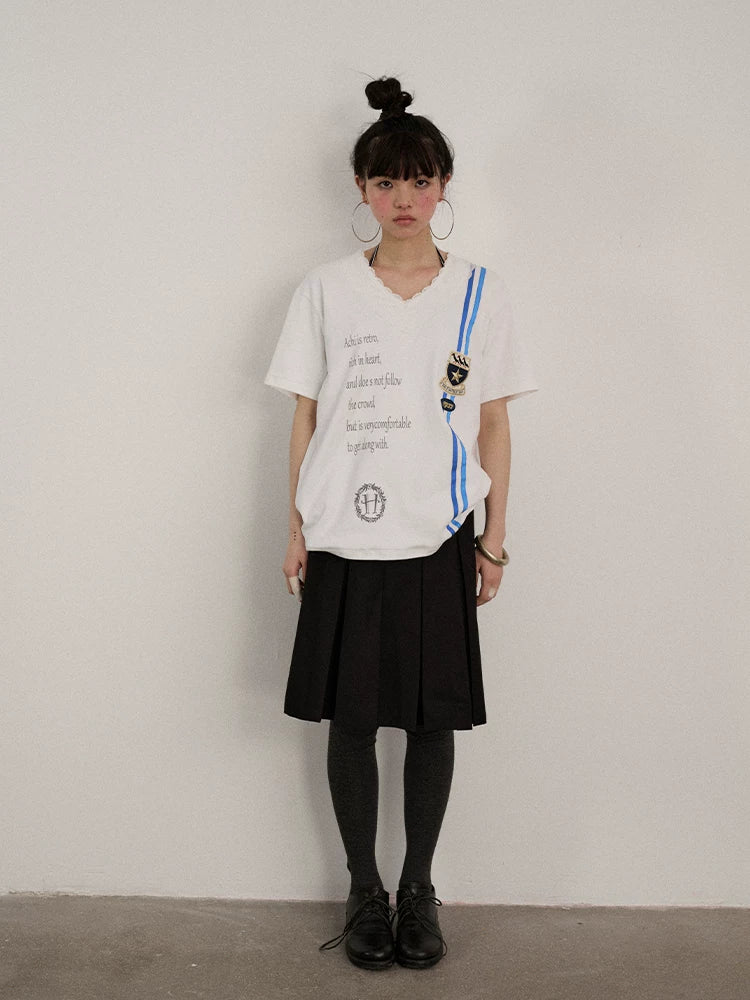 Achihara Soft Stretch Cotton V-neck Letter Print Loose Fit Office Short Sleeve T-Shirts-1