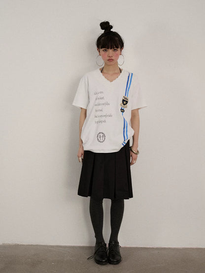 Achihara Soft Stretch Cotton V-neck Letter Print Loose Fit Office Short Sleeve T-Shirts-1