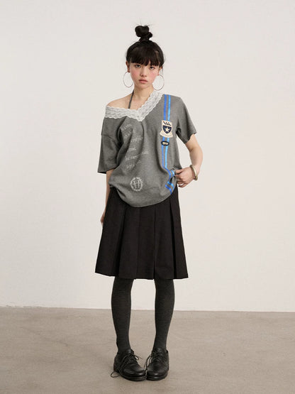 Achihara Soft Stretch Cotton V-neck Letter Print Loose Fit Office Short Sleeve T-Shirts-2