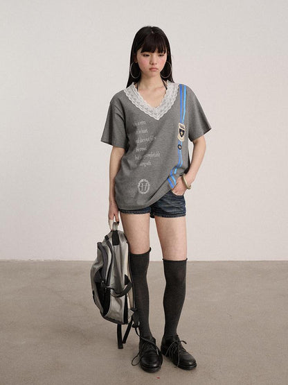 Achihara Soft Stretch Cotton V-neck Letter Print Loose Fit Office Short Sleeve T-Shirts