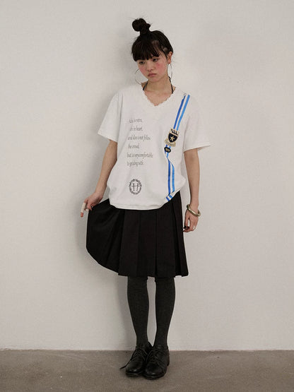 Achihara Soft Stretch Cotton V-neck Letter Print Loose Fit Office Short Sleeve T-Shirts-3