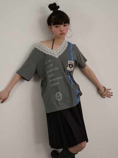 Achihara Soft Stretch Cotton V-neck Letter Print Loose Fit Office Short Sleeve T-Shirts-5