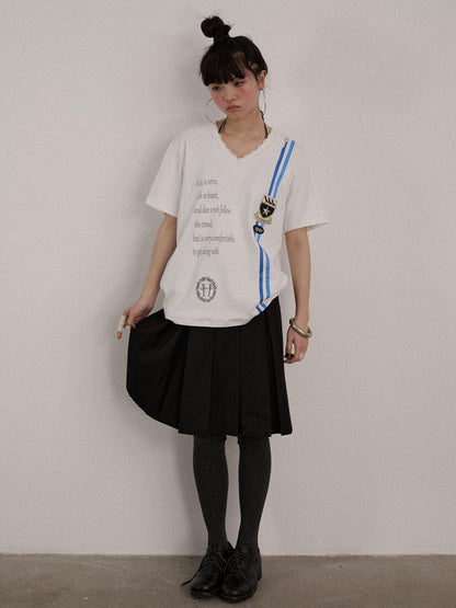 Achihara Soft Stretch Cotton V-neck Letter Print Loose Fit Office Short Sleeve T-Shirts