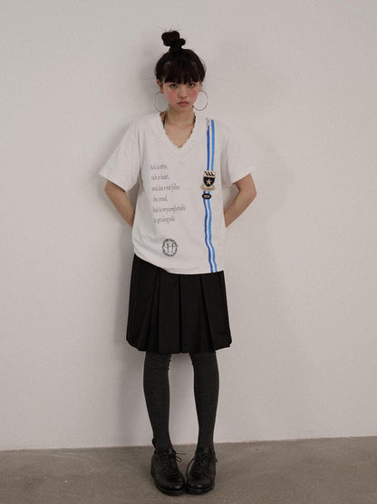 Achihara Soft Stretch Cotton V-neck Letter Print Loose Fit Office Short Sleeve T-Shirts
