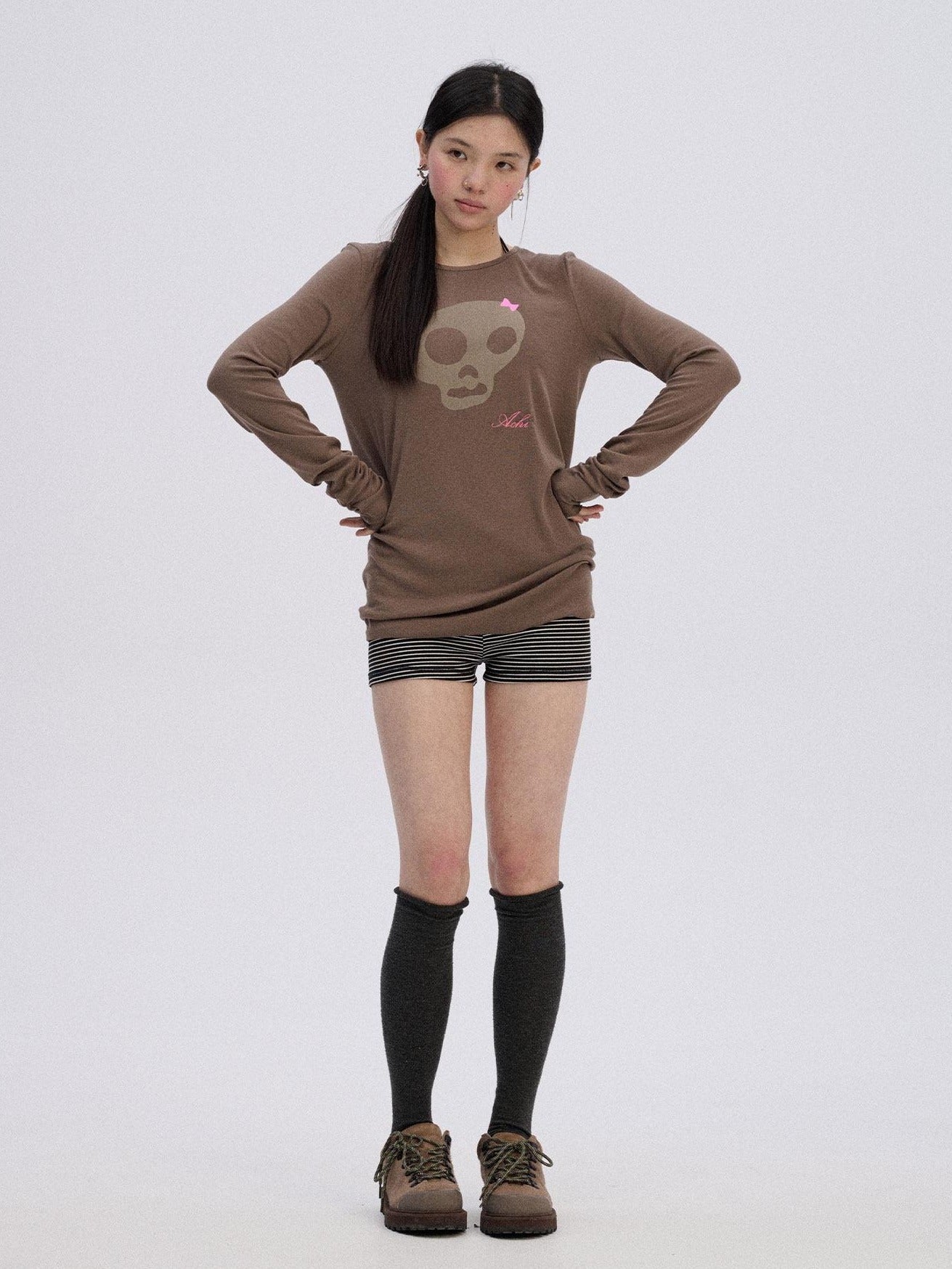 Achihara Soft Stretch Viscose Blend Skull Crew Neck Office Women Long Sleeve T-Shirts