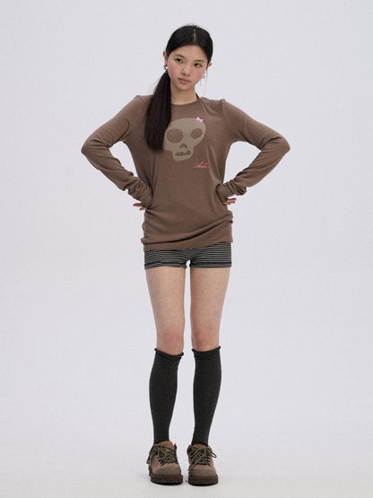 Achihara Soft Stretch Viscose Blend Skull Crew Neck Office Women Long Sleeve T-Shirts