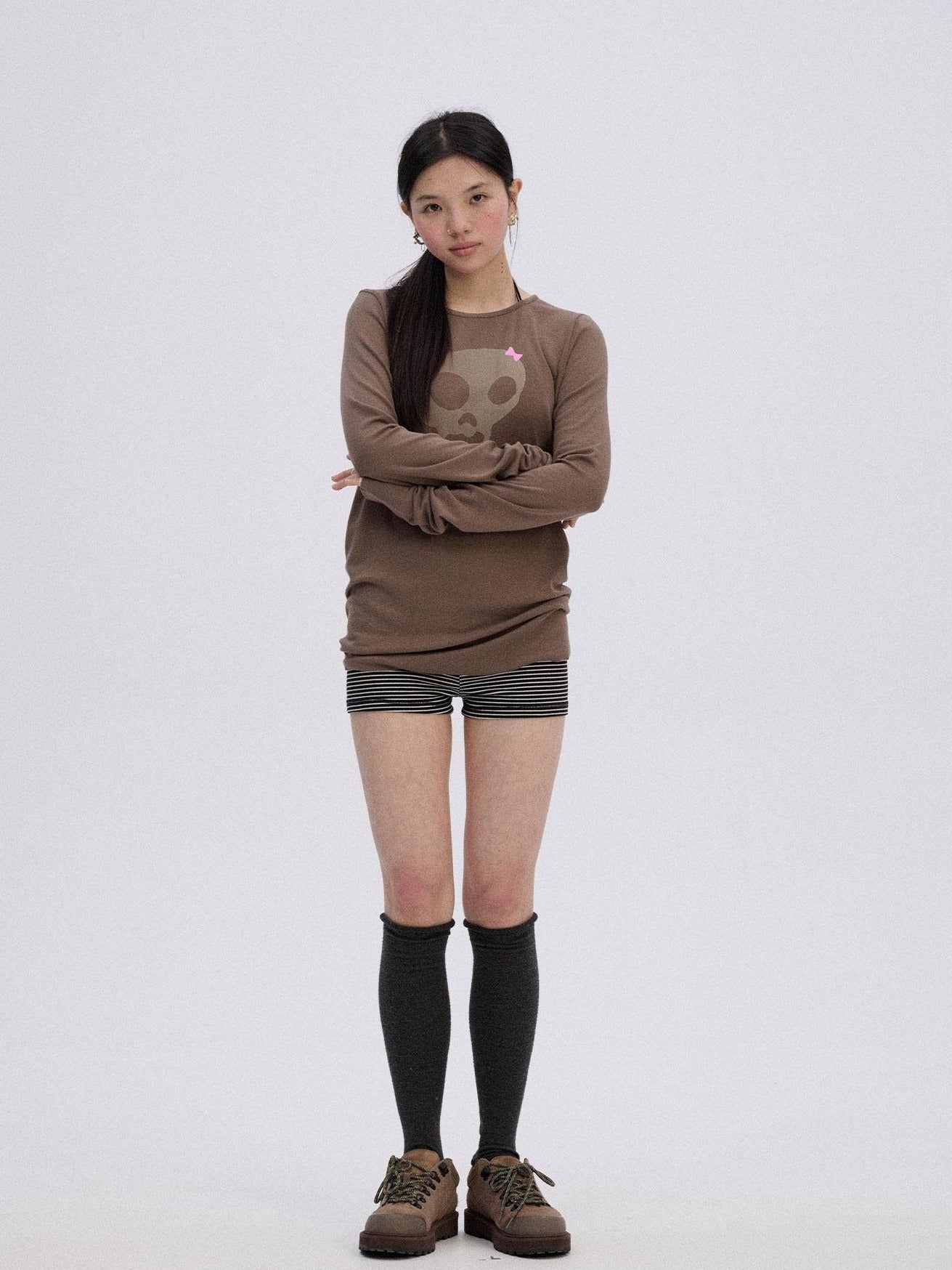 Achihara Soft Stretch Viscose Blend Skull Crew Neck Office Women Long Sleeve T-Shirts