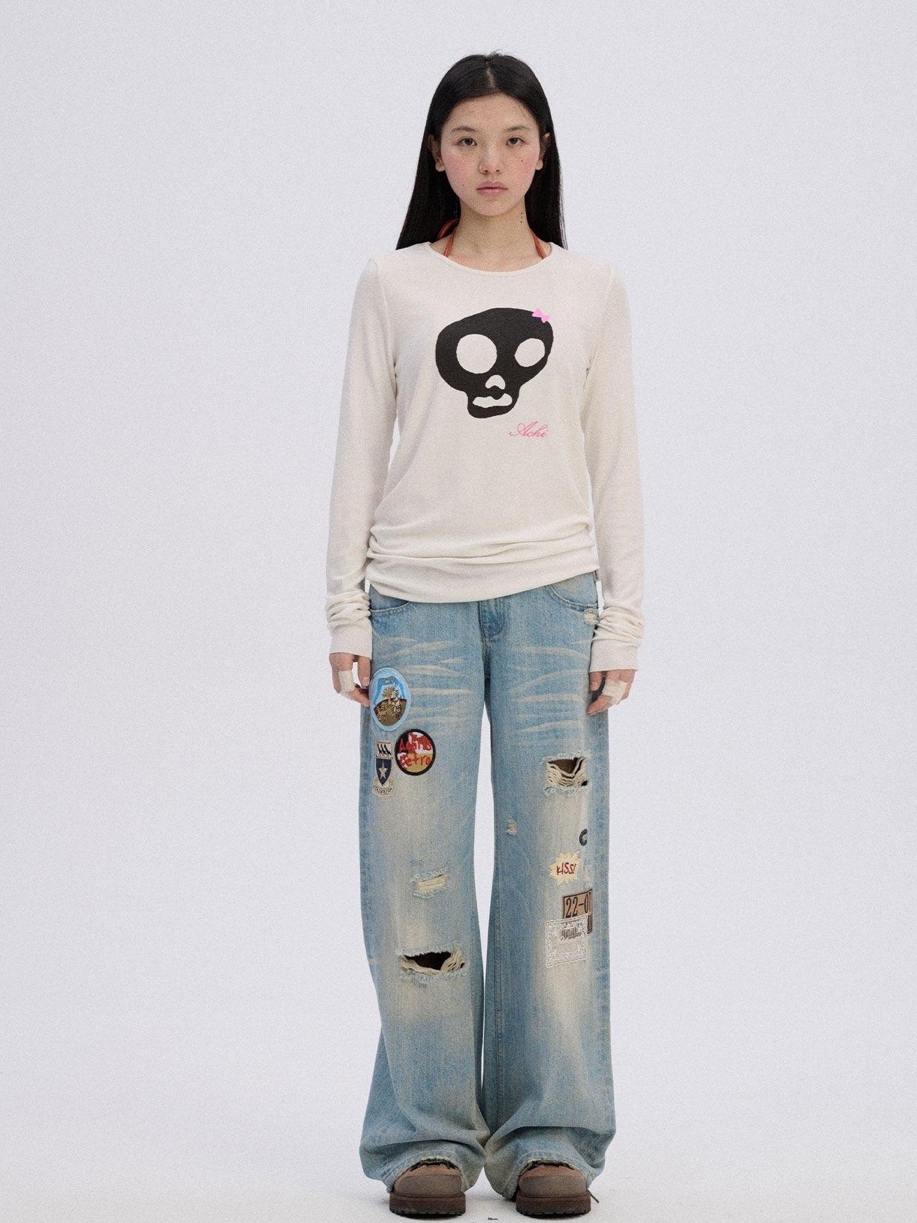 Achihara Soft Stretch Viscose Blend Skull Crew Neck Office Women Long Sleeve T-Shirts