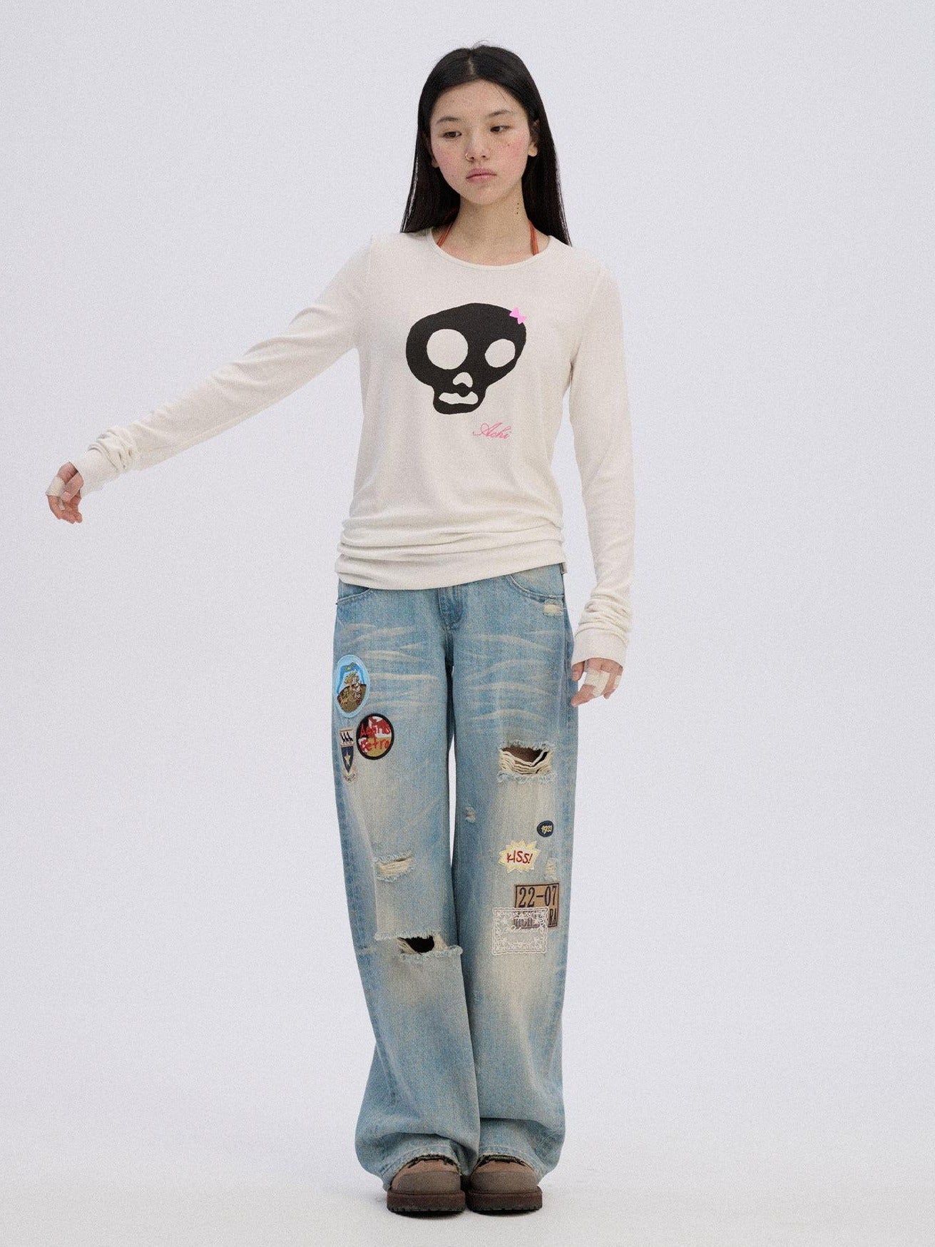 Achihara Soft Stretch Viscose Blend Skull Crew Neck Office Women Long Sleeve T-Shirts