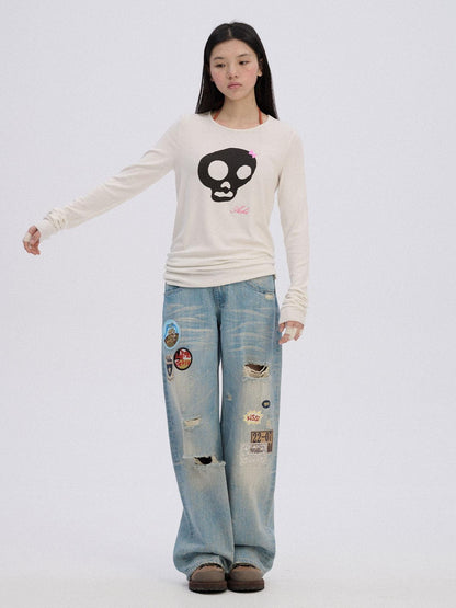 Achihara Soft Stretch Viscose Blend Skull Crew Neck Office Women Long Sleeve T-Shirts