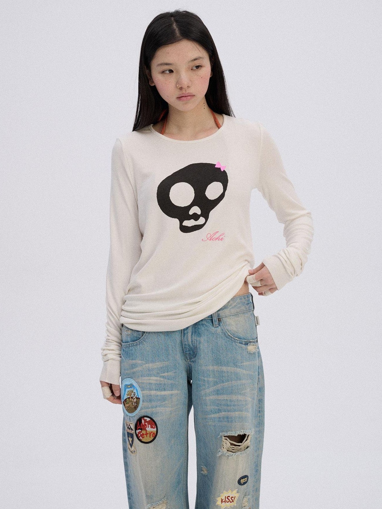 Achihara Soft Stretch Viscose Blend Skull Crew Neck Office Women Long Sleeve T-Shirts