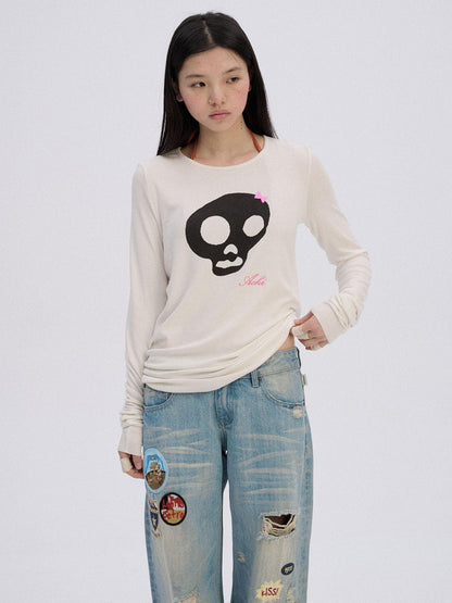 Achihara Soft Stretch Viscose Blend Skull Crew Neck Office Women Long Sleeve T-Shirts