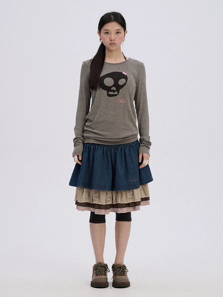 Achihara Soft Stretch Viscose Blend Skull Crew Neck Office Women Long Sleeve T-Shirts-2