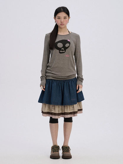 Achihara Soft Stretch Viscose Blend Skull Crew Neck Office Women Long Sleeve T-Shirts-2
